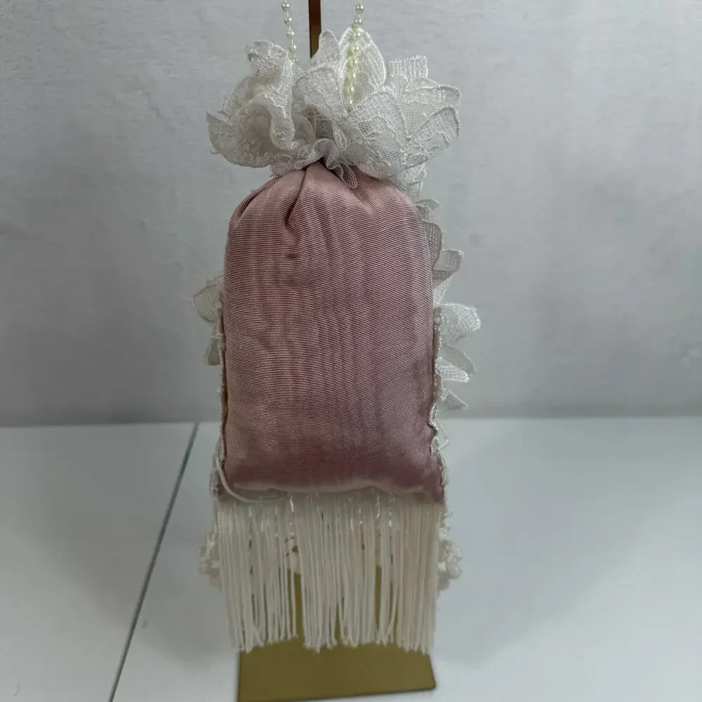 Vtg Victorian Pillow Lace Taffeta Roses Fringe Faux Pearls Romantic‎ Hanging